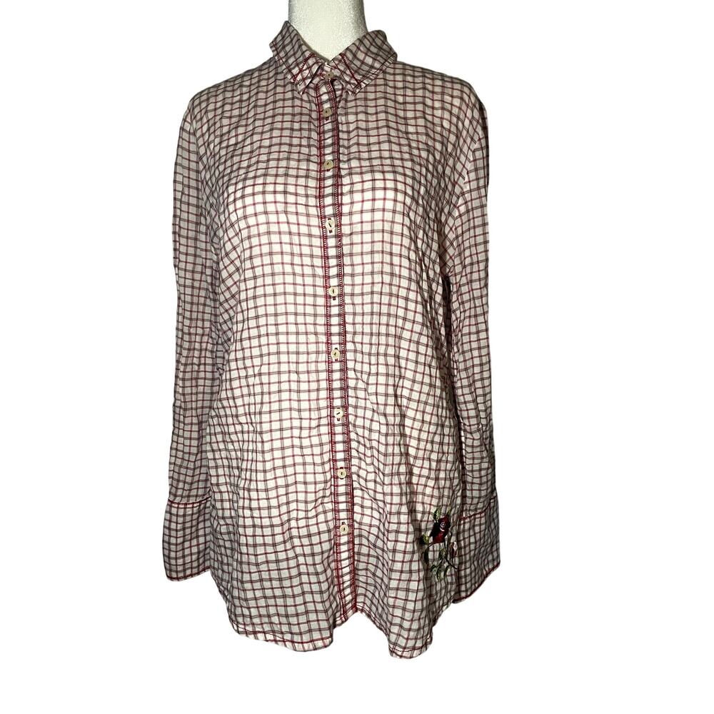 3J Workshop by Johnny Was Red Plaid Button Down Shirt/Embroidered Floral Roses